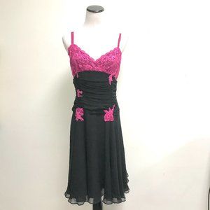 Betsey Johnson Black pink lace spaghetti strap silk midi evening party dress 10